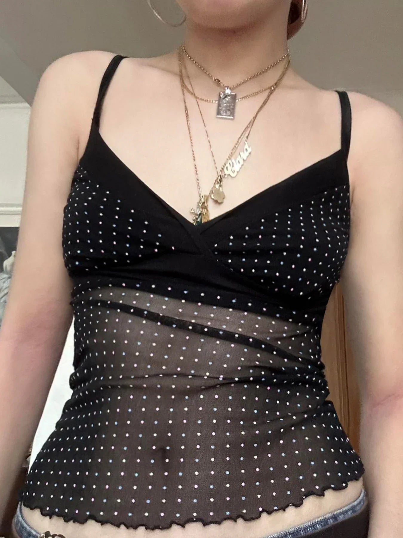 Polka Dot V-Neck Slim Fit Camisole Tops Causal Simple Basic