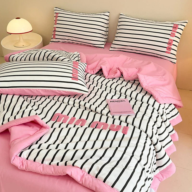 Stripe Quilt set Pink And White Bedding Set with Flat Sheet Set Soft  Fluffy Embroidery Quilt Set