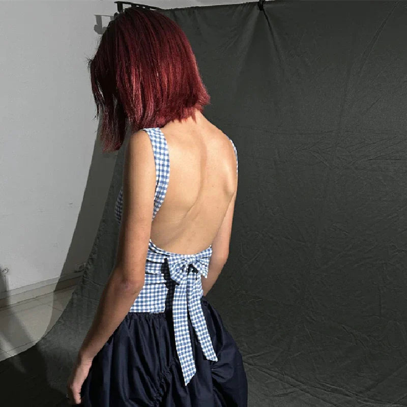 Fashion Bow Backless Tank Top Casual Streetwear Plaid Print Sleeveless Crop Tops Summer Slim Fashion Corsets