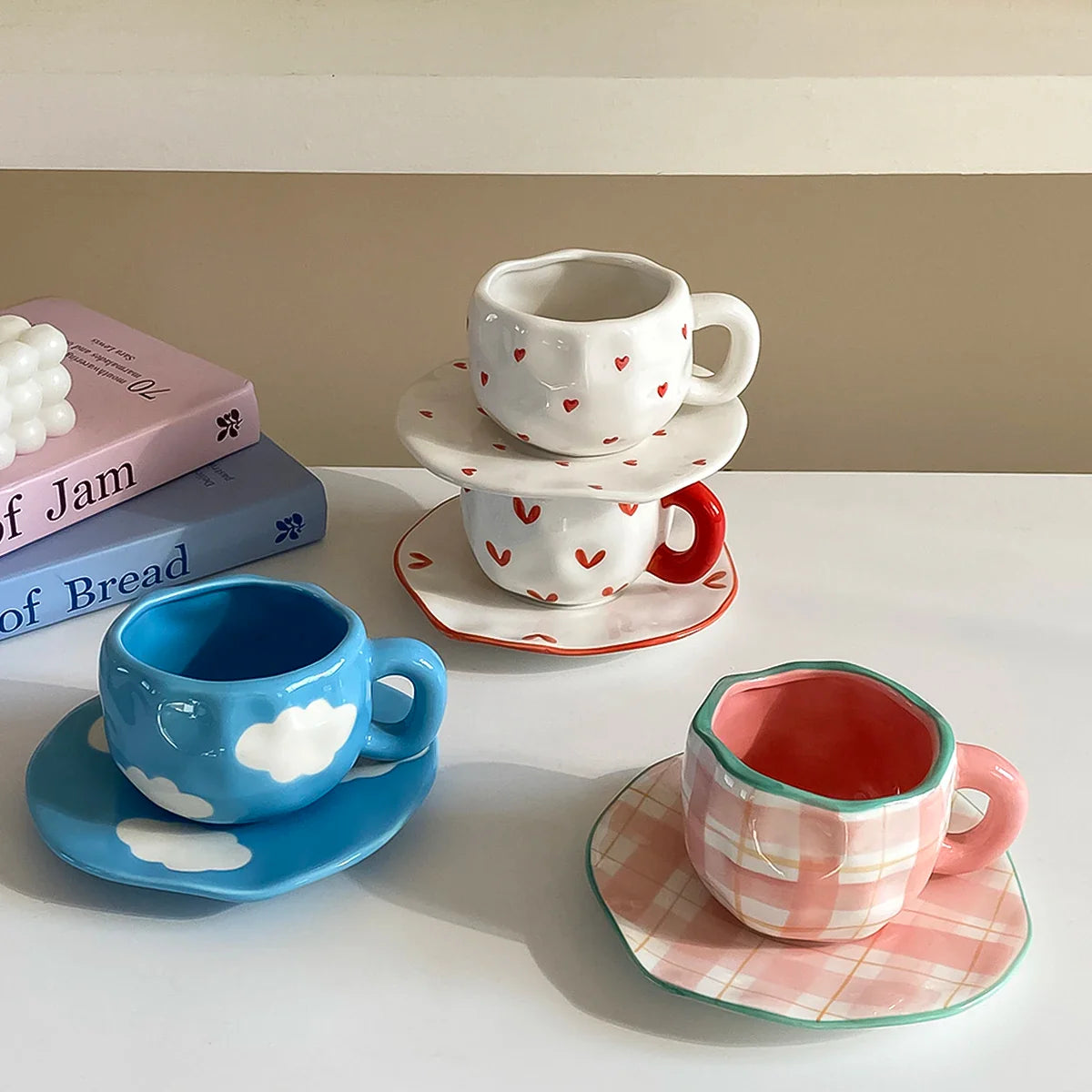 Hand-Kneaded Ceramic Cup and Saucer Multi-Color Plaid Heart Blue Sky and White Clouds Flower Mug Suitable for Afternoon Tea