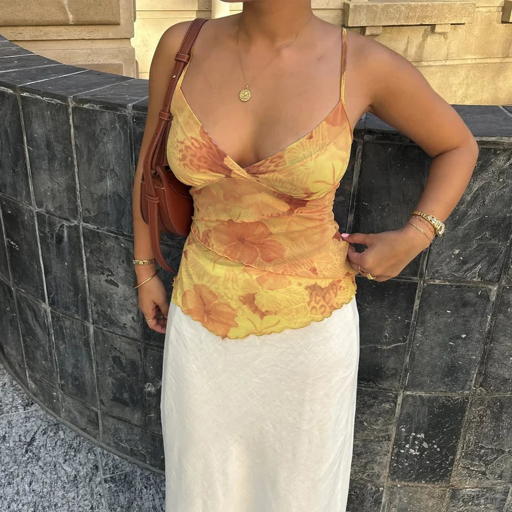 Women Summer Vintage Y2K Aesthetic Crop Tops Floral Print Boho Sleeveless Spaghetti Strap Mesh See Through Coquette Tanks Camis
