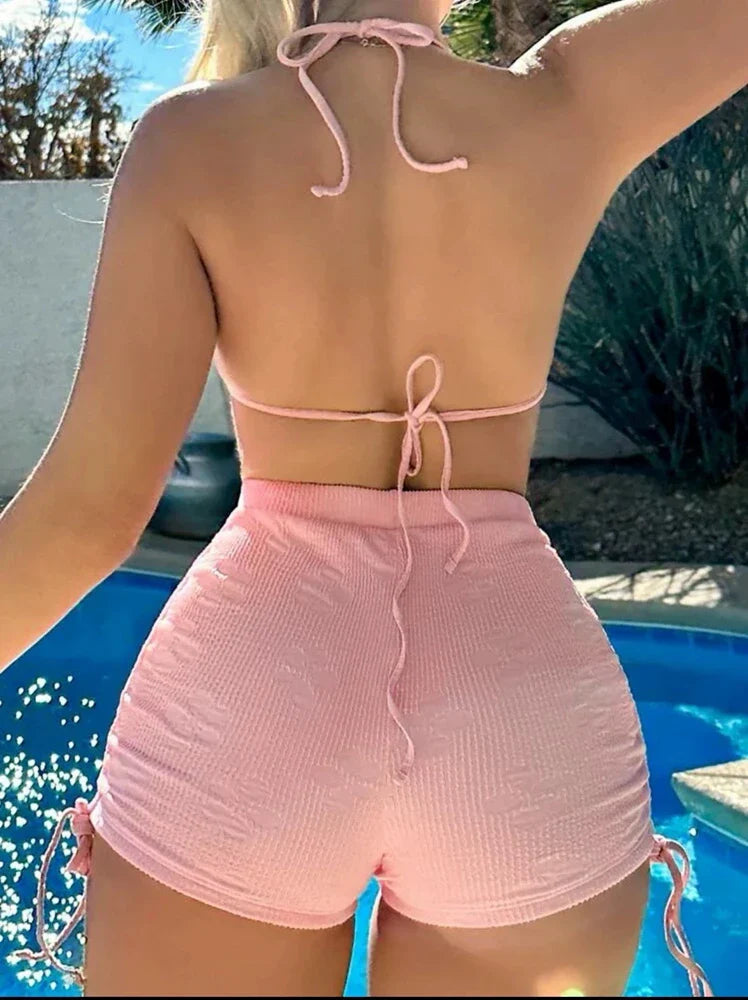 Pink Neck Hanging Sexy Pink Swimsuit 2 Piece Set Halter Bikini Top Knot On The Edge Bikini Bottom Bathing Suit