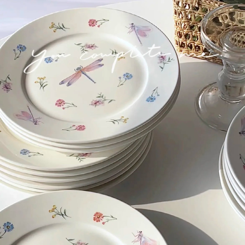 Garden Dragonfly Ceramic Dish Exquisite Round Ceramic Breakfast Dessert Plate Home Dish Plate High Temperature Resistant