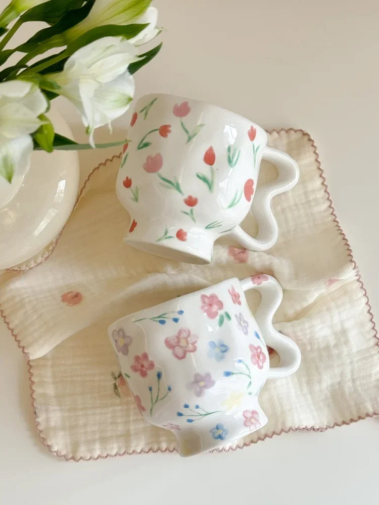 Ceramics Mug Cute Flower Pattern High Footed