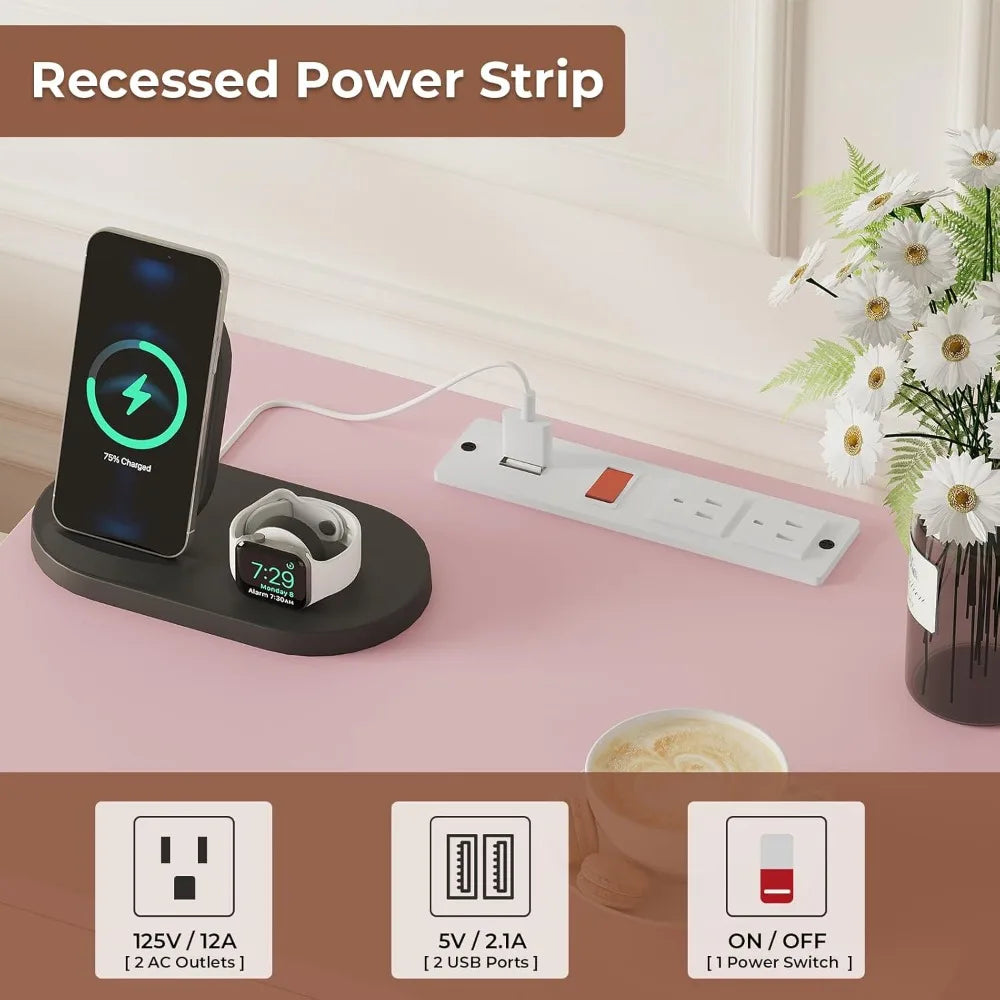 Night Stand Set 2, Pink Nightstand with Charging Station & Drawers, Night Stands for Bedrooms Set of 2, Bedside Table with Drawers