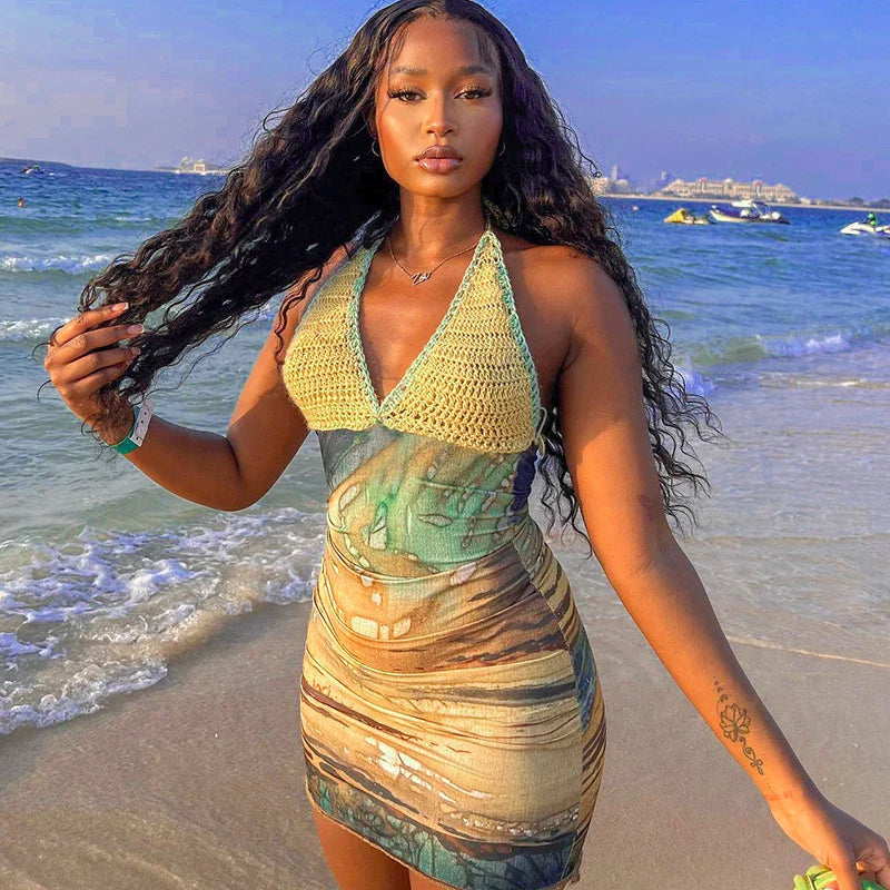 Halter Knitted Scenery Print Backless Lace Up Sexy Mini Dress Women Fashion Clothes