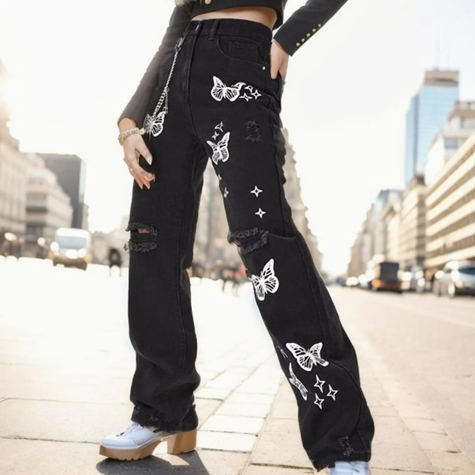 New Butterfly Print Straight Jeans High Waist Denim Trousers Trend Female Knee Hollow Out Broken Holes Pants