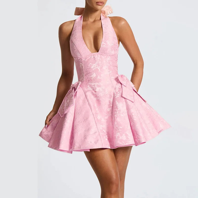 Pink Jacquard Halter Bow Evening Party Dress Women Robes Backless Elegant Sexy Dress Bodycon Mini Dress