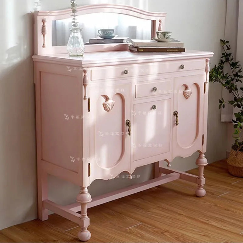 French Solid Wood Pink Studio Makeup Table with Mirror