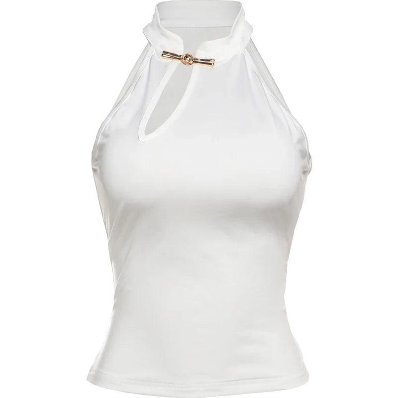 Cheongsam Buckle Tank Tops Women Y2K Summer Trend Basic Classic Hollow Solid Simple Street Stretch Daily Chic Vest