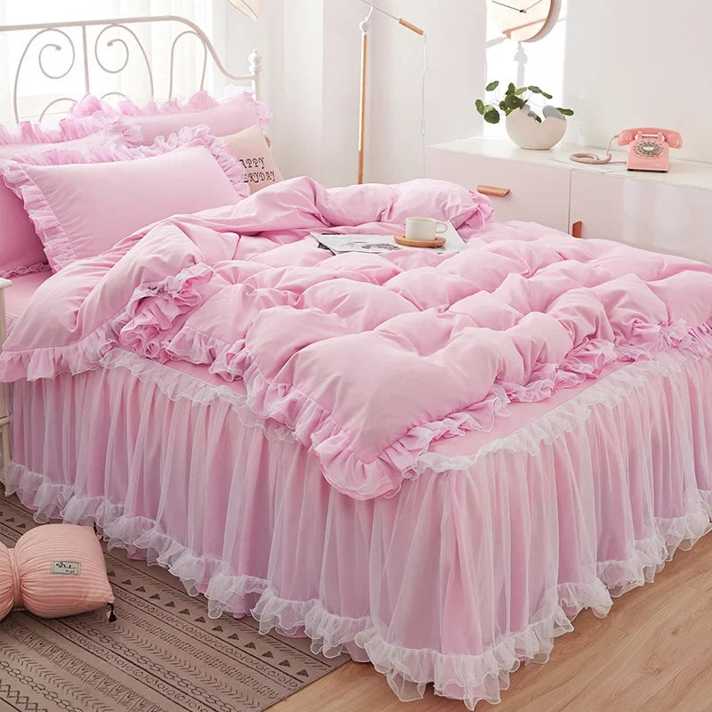Princess Girl Pink Bedding Skirt Sheet With Lace Solid Color Bed Cover Pillowcase Decor Bedroom
