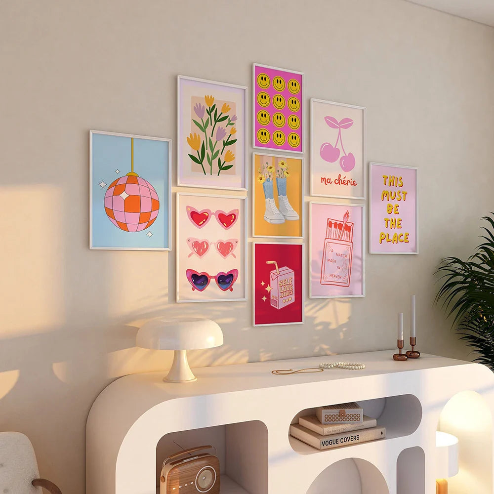 Pink Preppy Poster Print Dopamine Wall Art Pictures Danish Dorm Room Decor Colorful Canvas Painting Trendy Art Murals Decoration