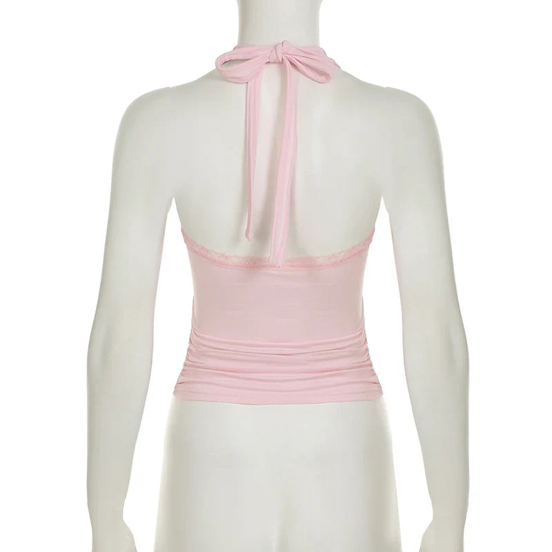 Sweet Embroidery Lace Trim Halter Tops Holiday Deep V-Neck Sleeveless Tank Tops