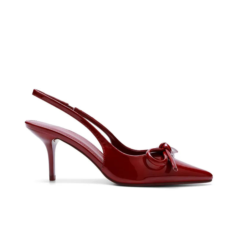 Sexy Women's Red Bow Pointed Toe Patent Leather Back Strap Stiletto Shoes