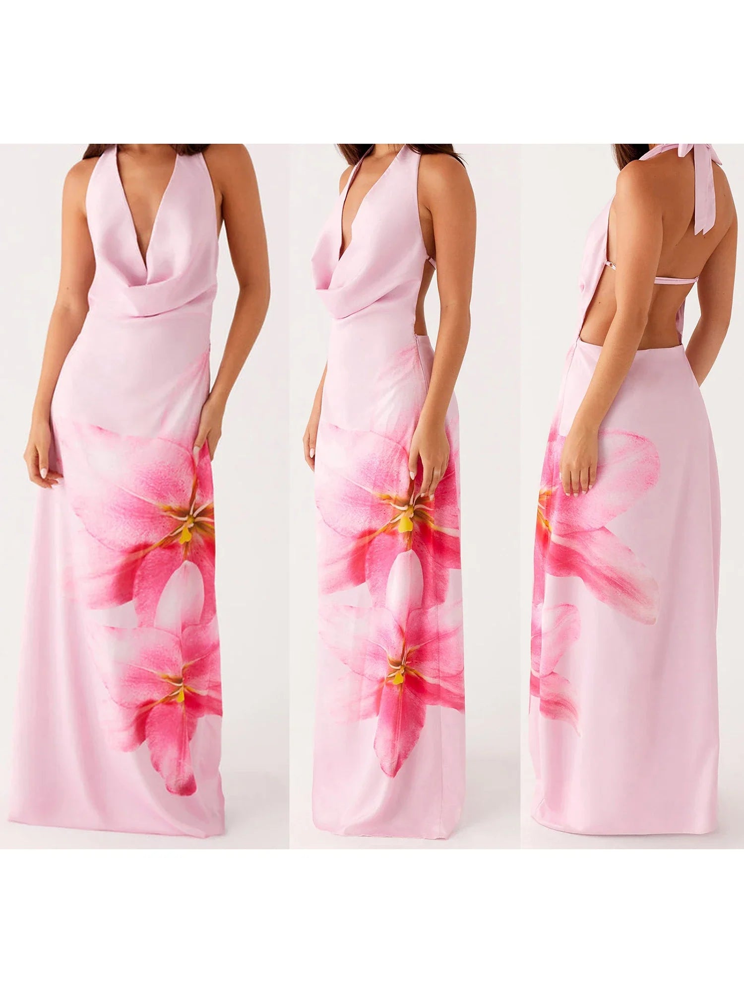 Summer Elegant Floral Print Sleeveless Halterneck Maxi Dress with Open Back