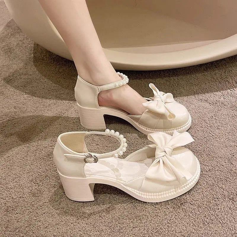 Ladies Luxury Bow Pearl With Medium Heels Mary Jane Shoes