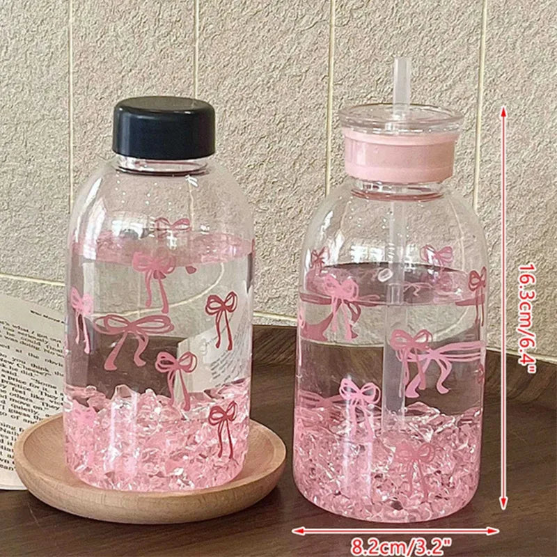Cute Bow Plastic Bottle Ice With Straw Lid Sweet High-value Bow Cup Portable Cup