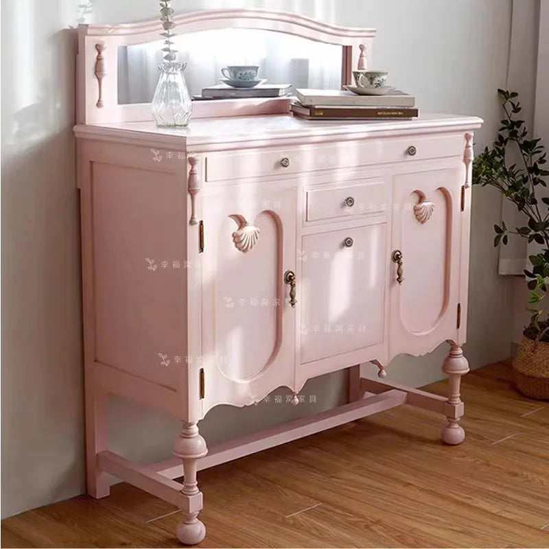 French Solid Wood Pink Studio Makeup Table with Mirror