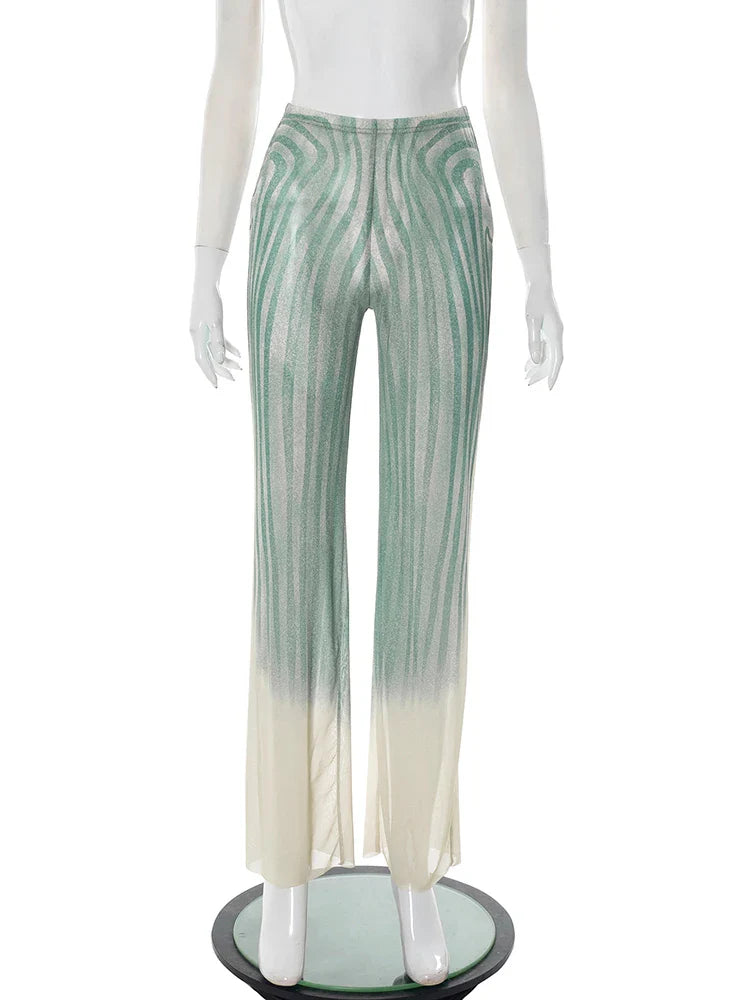 Geometric Print Patchwork 2 Piece Set Women o-Neck Skinny Bodysuit+Wide-leg Trousers Sexy Outfits