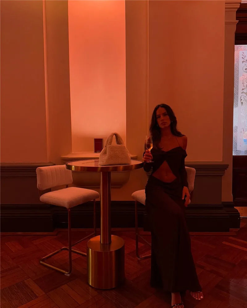 Hollow Out Ruched Sexy Maxi Dress Women Gown Halter Long Sleeve Strapless Backless Draped Slim Elegant Long Dress