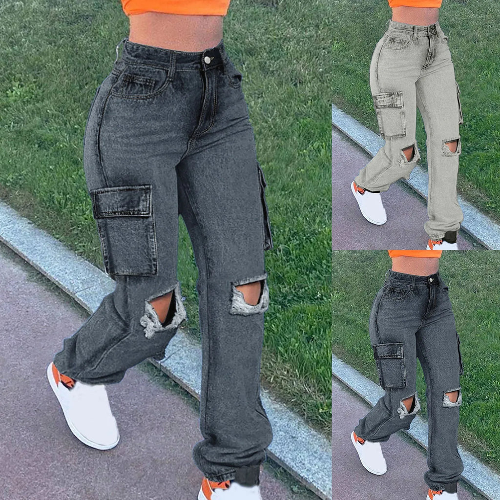 Women's Washed Baggy Pocket Cargo Straight Trousers Jeans Ladies Streetwear