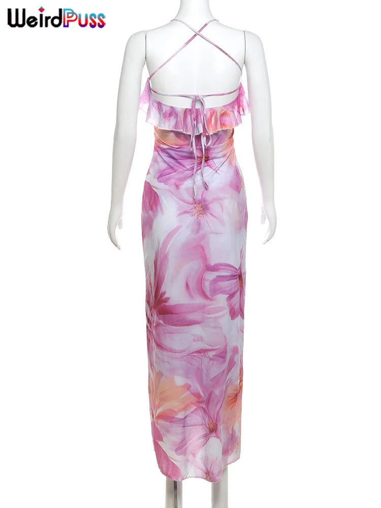 Flower Print Woman Summer Strapless Splits Irregular Tassel Patchwork Backless Skinny Dress