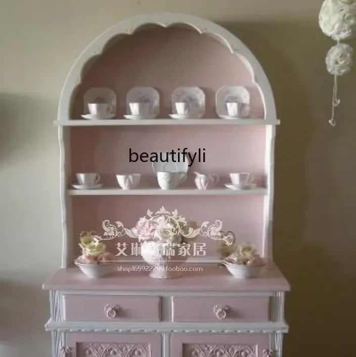 French Solid Wood Carving Flower Bookcase Dining Side Pink Princess Cabinet