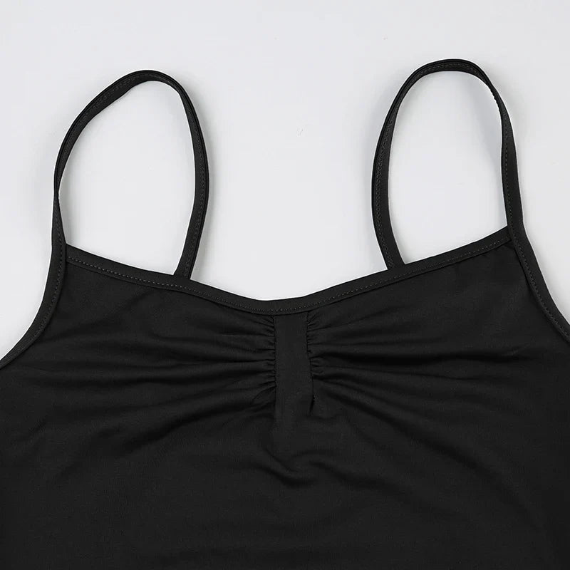 Sleeveless Skinny Shirring Skinny Sexy Spaghetti Strap Bodysuit For Women Black Solid Simple Basic Camisole