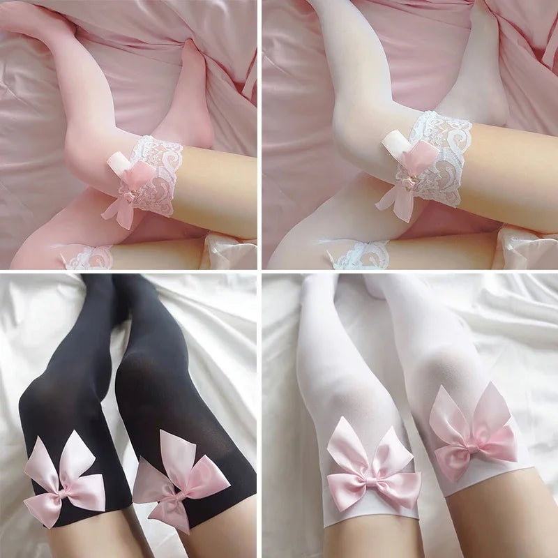 Pink Bowknot Lovely Thigh High Knee Sexy Stockings Girls Sweet Lace Over Knee Stockings Ladies Sexy Lingerie Stockings
