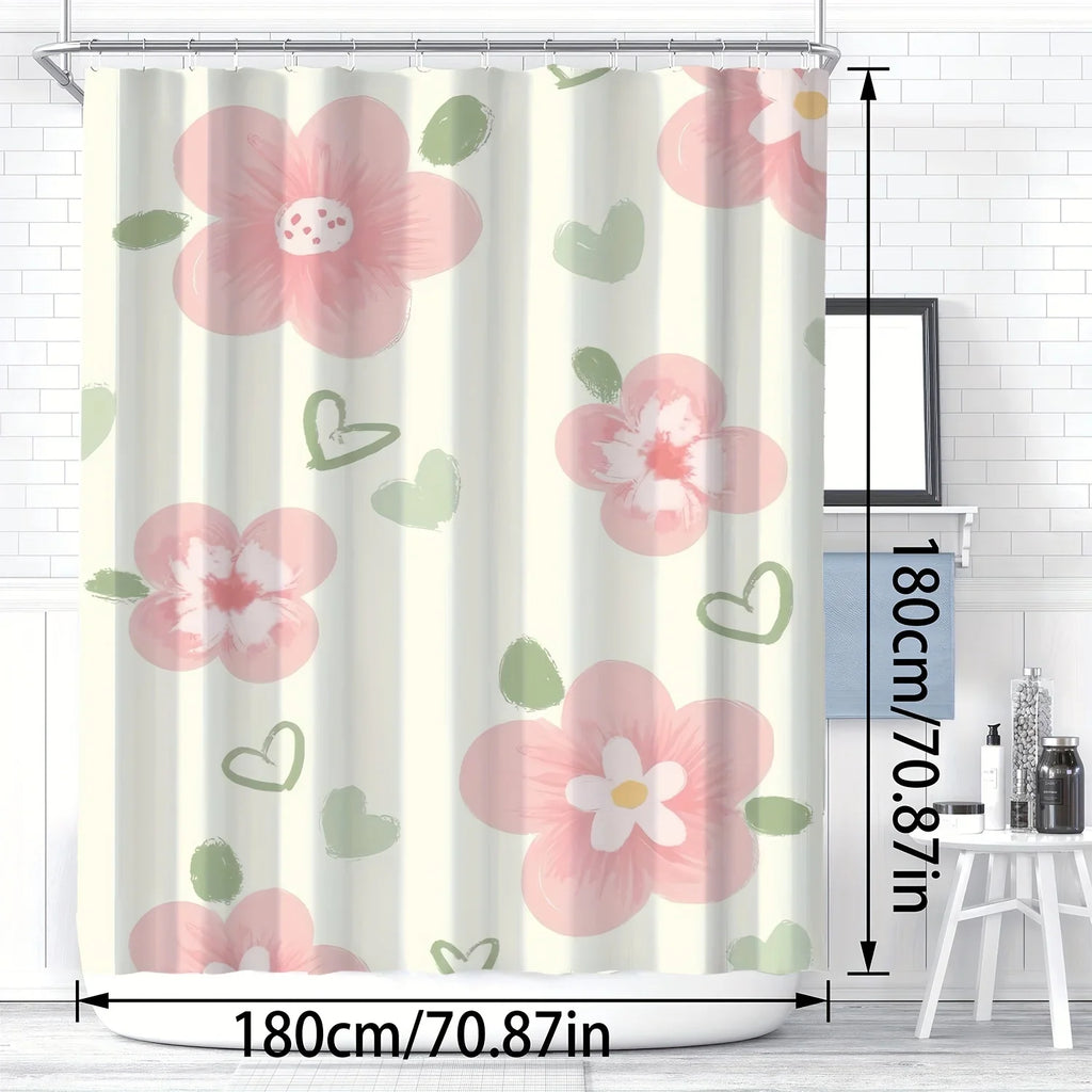 Pink Floral and Heart Print High Quality Shower Curtain - Cute and Stylish Bathroom Decor with Hooks, Polyester Fabric