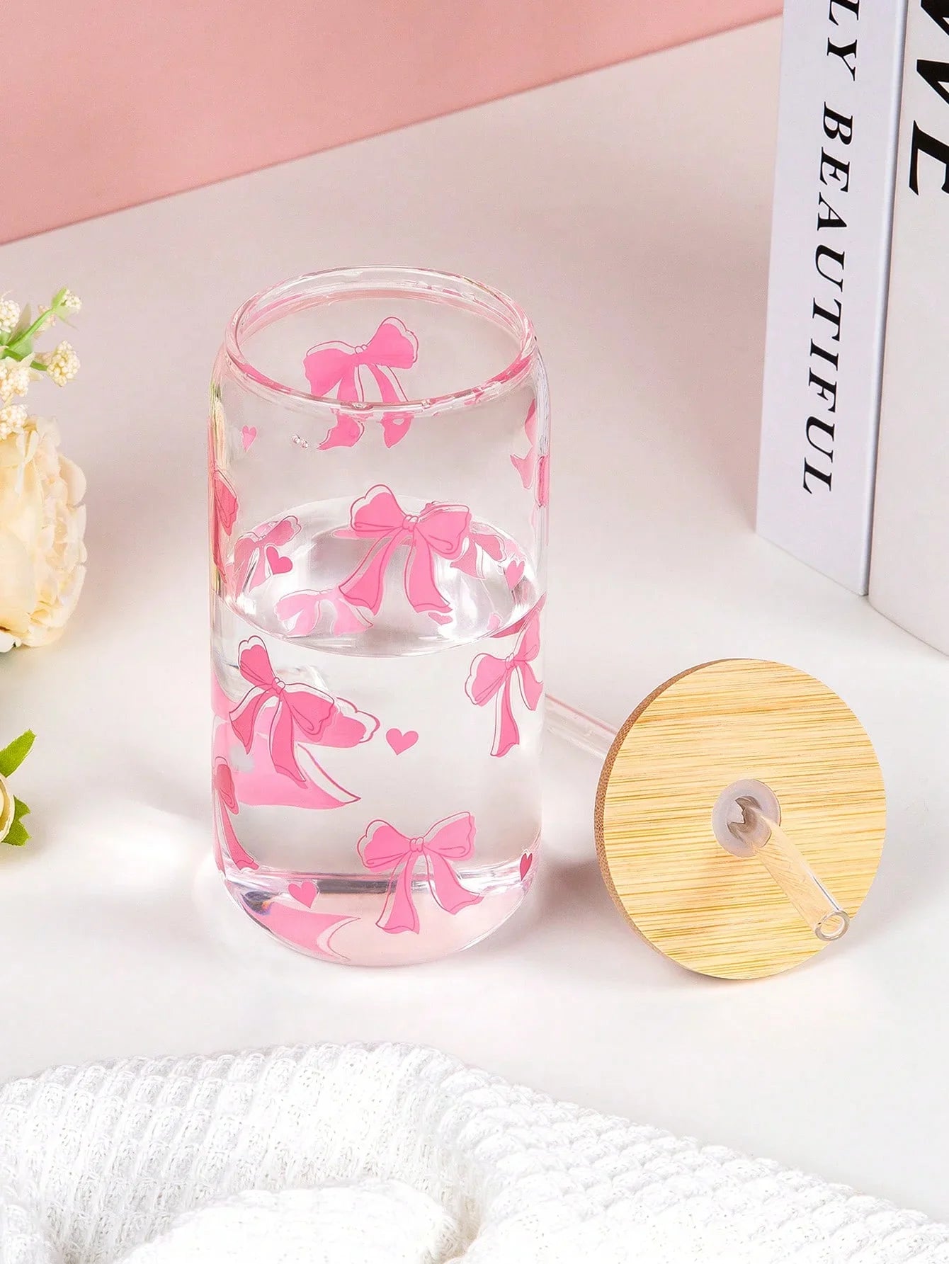 Cute Bow Glass Cup Love Cherry Bow Pattern With Lids & Straw 500ml