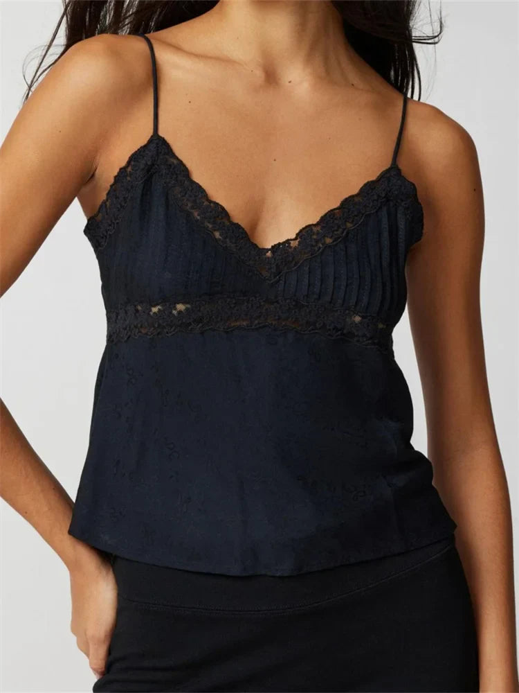 Women Camis Crop Tops Slim Sleeveless Lace Trim Embroidery V Neck Backless Adjustable Spaghetti Strap Party Tank Tops