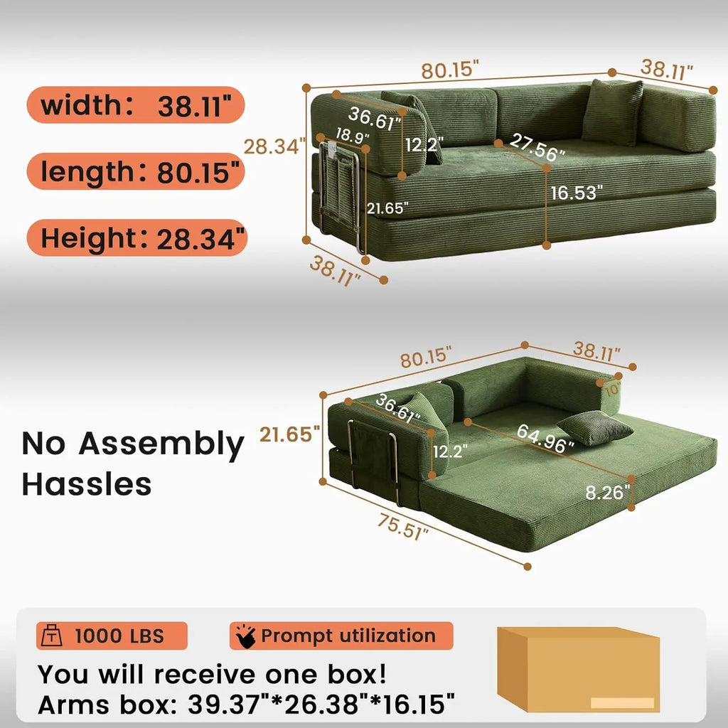 Combination Modular Sofa Living Room Folding Sofa Bed Convertable Corduroy Couch Floor Sleeper 4-in-1 Comfy Foldable Lazy