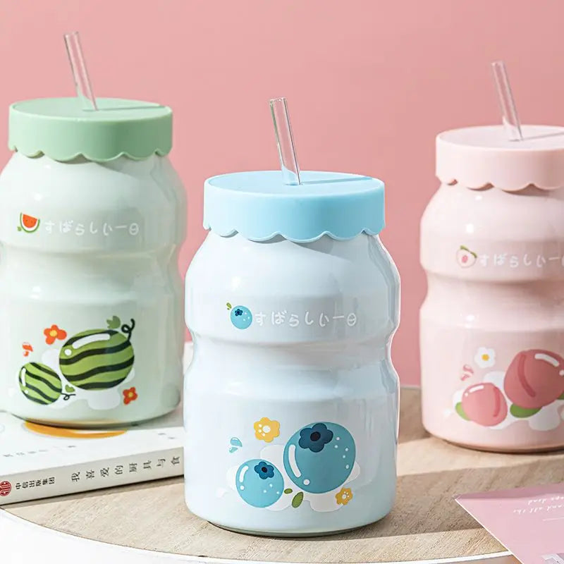 Fruit Pattern 500ML Beverage Cups with Lids and Straws