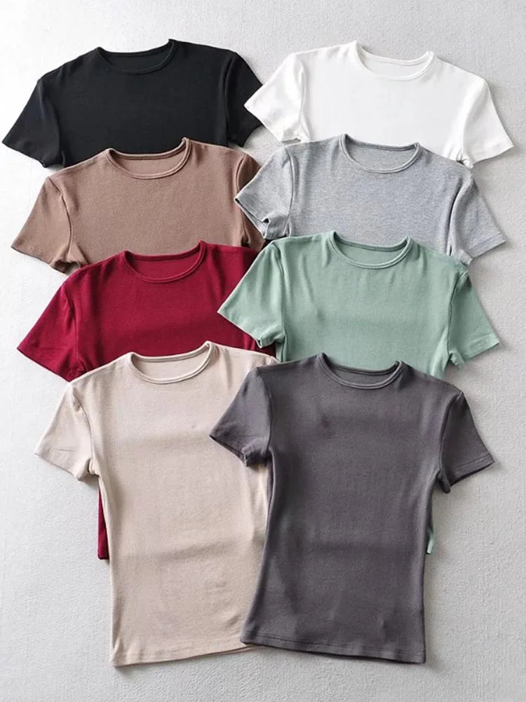 Summer Woman Skinny Fit T-shirt Tight Short-Sleeve O-neck Tee Basic Solid Crop Tops T Shirt