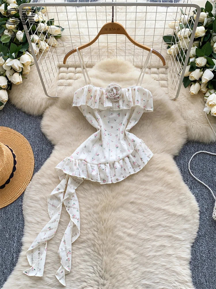 Ladies Floral Summer Camisole Sleeveless Irregular Slim Camis Women 3D Flower Ribbon Design Print Top