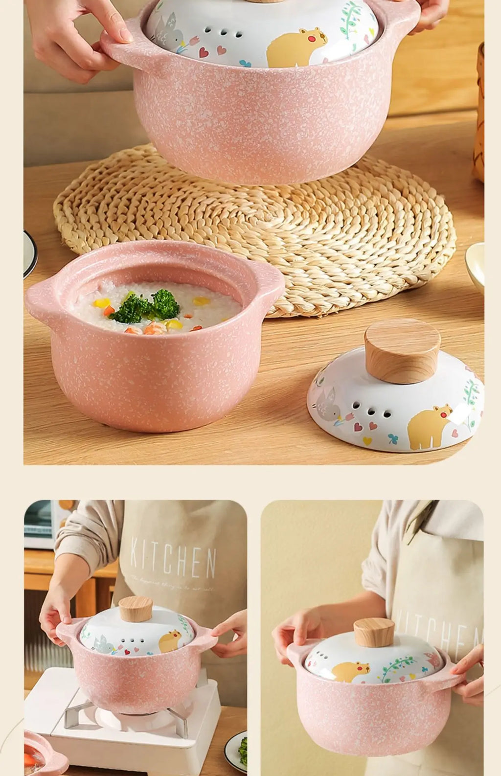 Ceramic Casserole Korean Cartoon Ceramics Soup Pot Cute Pink Saucepan Cookware Utensils Clay Pan Home Kitchen Cooking Supplies