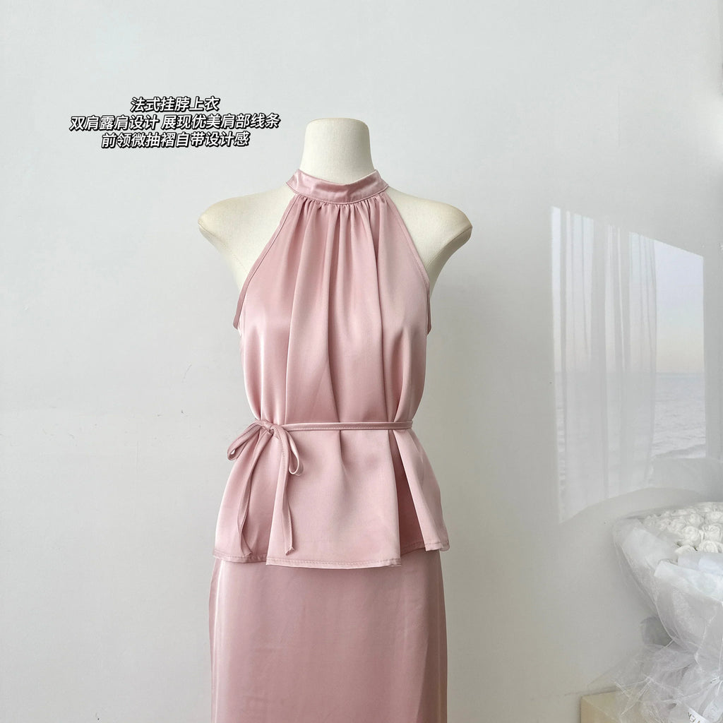 Sweet Hot Girl Casual Suit Women's Summer Satin Sleeveless Top High Waist Long Skirt Two-piece Set Fashion Female Clothes