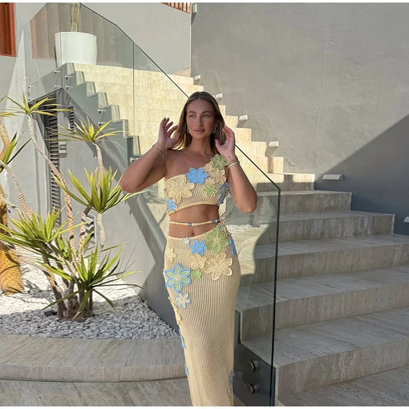 Sexy Beach Women's Set Beading Flower Crochet Crop Top Slim Maxi Skirt Female Suit Summer Hollow Out Knit Lady Dress Sets