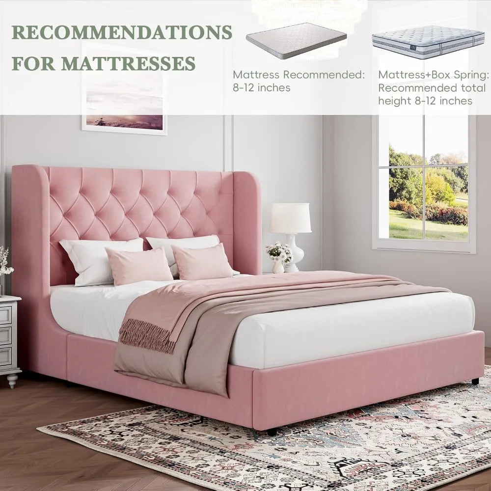 Full Size Bed Frame, Upholstered Bed Frame with Tufted Velvet Headboard and Wide Wingback, Sturdy Wooden Slats Supports