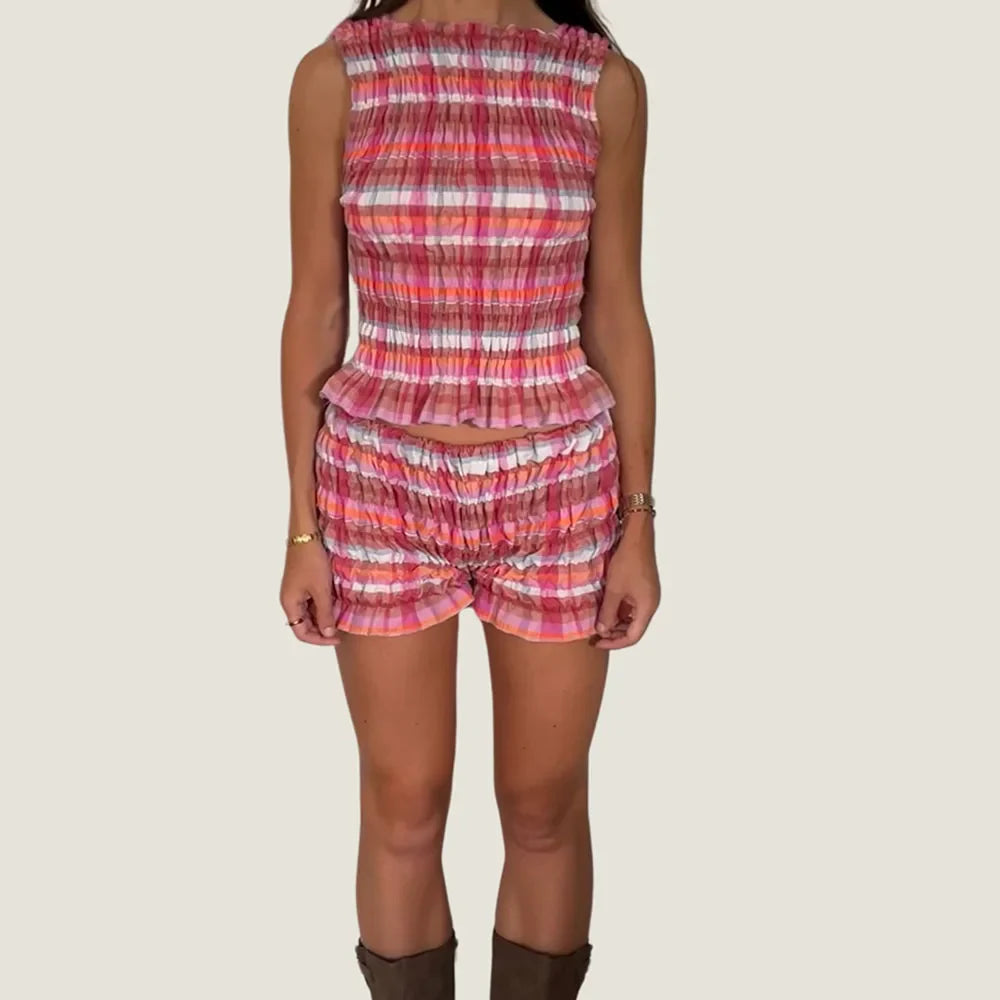 Women Vintage Two Piece Outfits Shorts Sets Ruffles Ruched Sleeveless Crop Tank Tops Low Waist Bloomer Shorts Loungwear