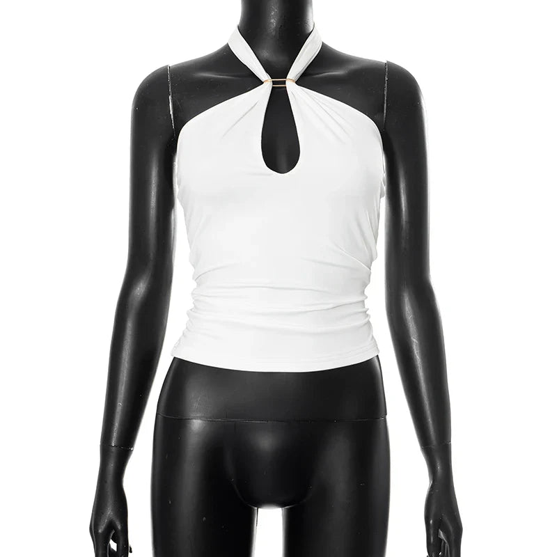 Women'S Solid Color Hanging Neck Tie Hollow Out Metal Ring Strapless Backless Tank Top Summer New Fashion Street Tank