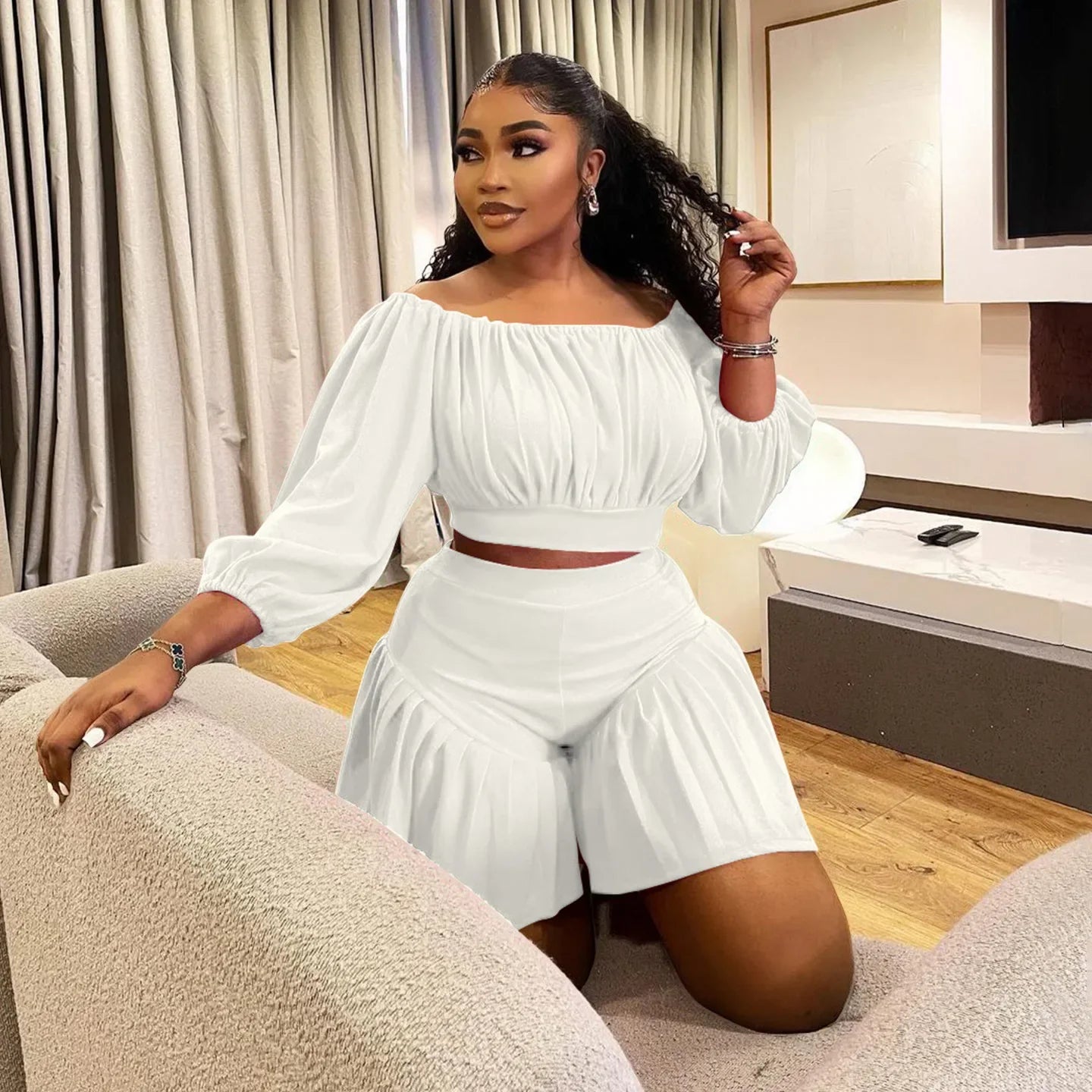 Plus Size Women's Set Long Sleeve Slash Neck T-Shirt and Shorts Summer Ruched Two 2 Piece Set Outfits Tracksuit