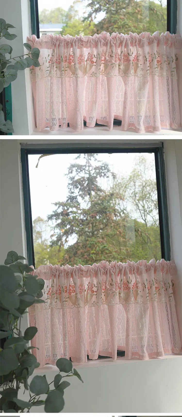Pink Small Window Short Curtain Embroidery Floral Lace Half Window Curtains Sheer Tulle Home Decoration