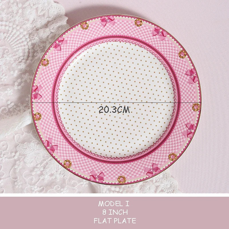 Pink Heart Shaped Dining Plate, Breakfast Tray, Ceramic Lace, Leopard Pattern Tableware, Afternoon Tea Salad Dessert