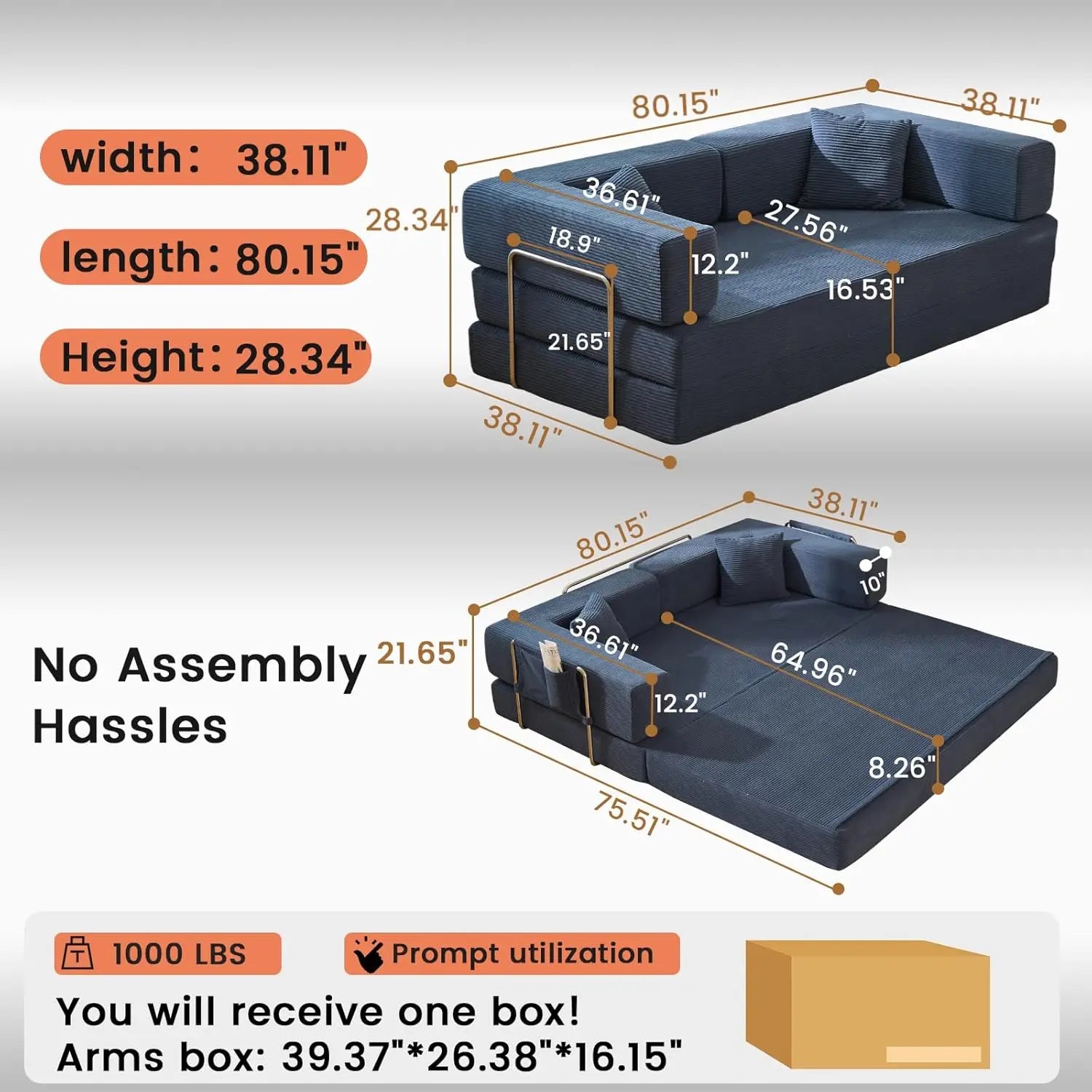 Combination Modular Sofa Living Room Folding Sofa Bed Convertable Corduroy Couch Floor Sleeper 4-in-1 Comfy Foldable Lazy