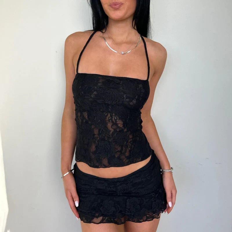 Women 2 Piece Set Lace Outfit Y2k Fairy Coquette Tie-up Backless Crop Tops Low Rise Mini Skirt