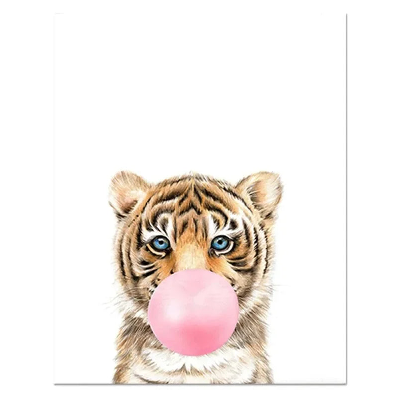 Kawaii Pink Bubble Gum Wall Art Canvas Painting Giraffe Poster Nursery Print Nordic  Animal Kids Pictures Baby Room Decor Tiger