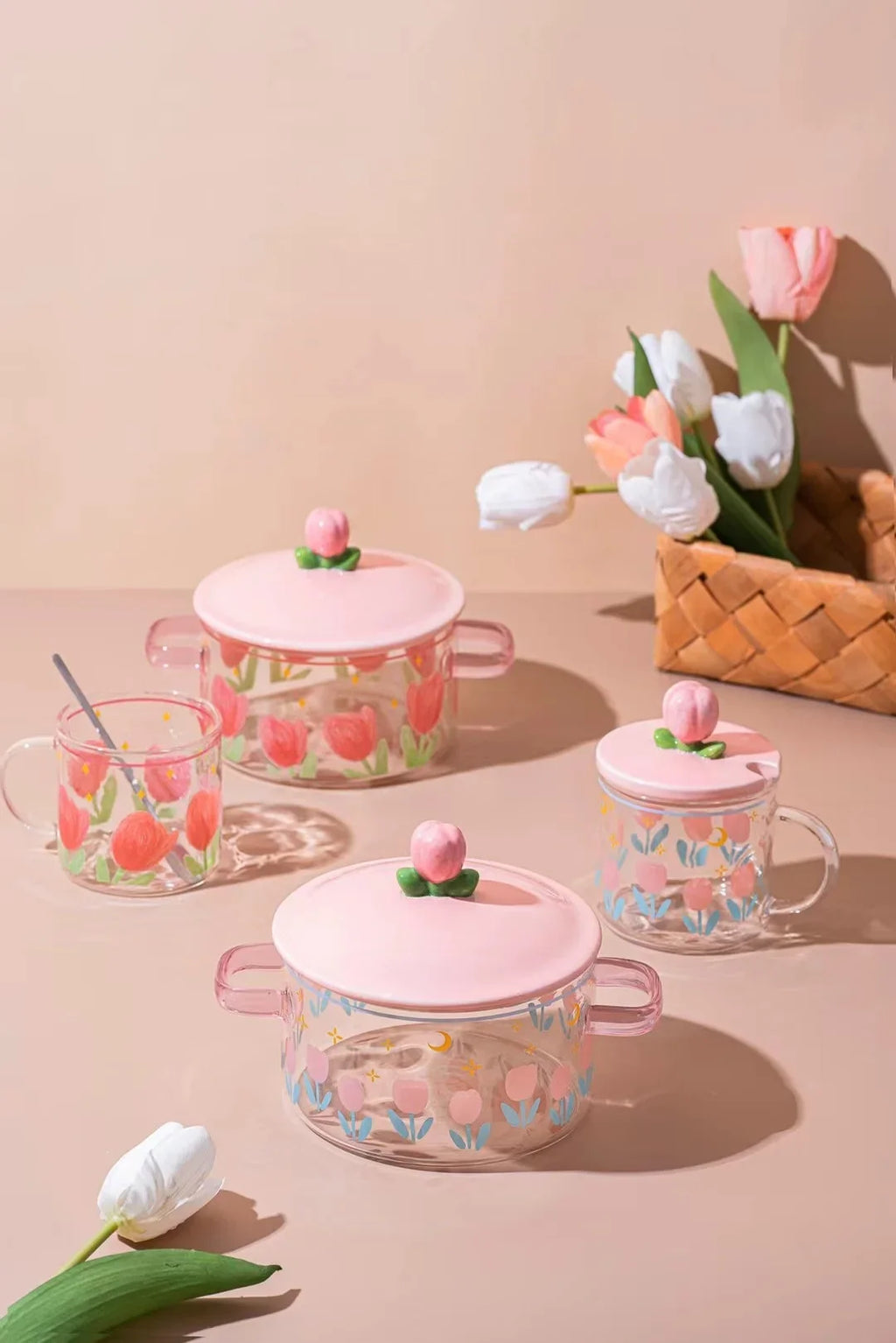 Pink Flower Instant Noodles Glass Pot Can Be Heated Soup Pot Double Ears Salad Bowl Covered with a Large Capacity Bowl