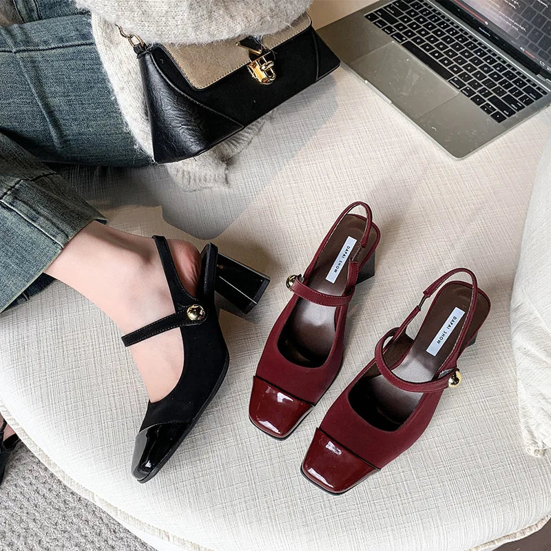 Fashionable High Heels, Summer New Style Spliced One-Strap Sandals, Sexy Exposed Heel Mid-Heel Sandals